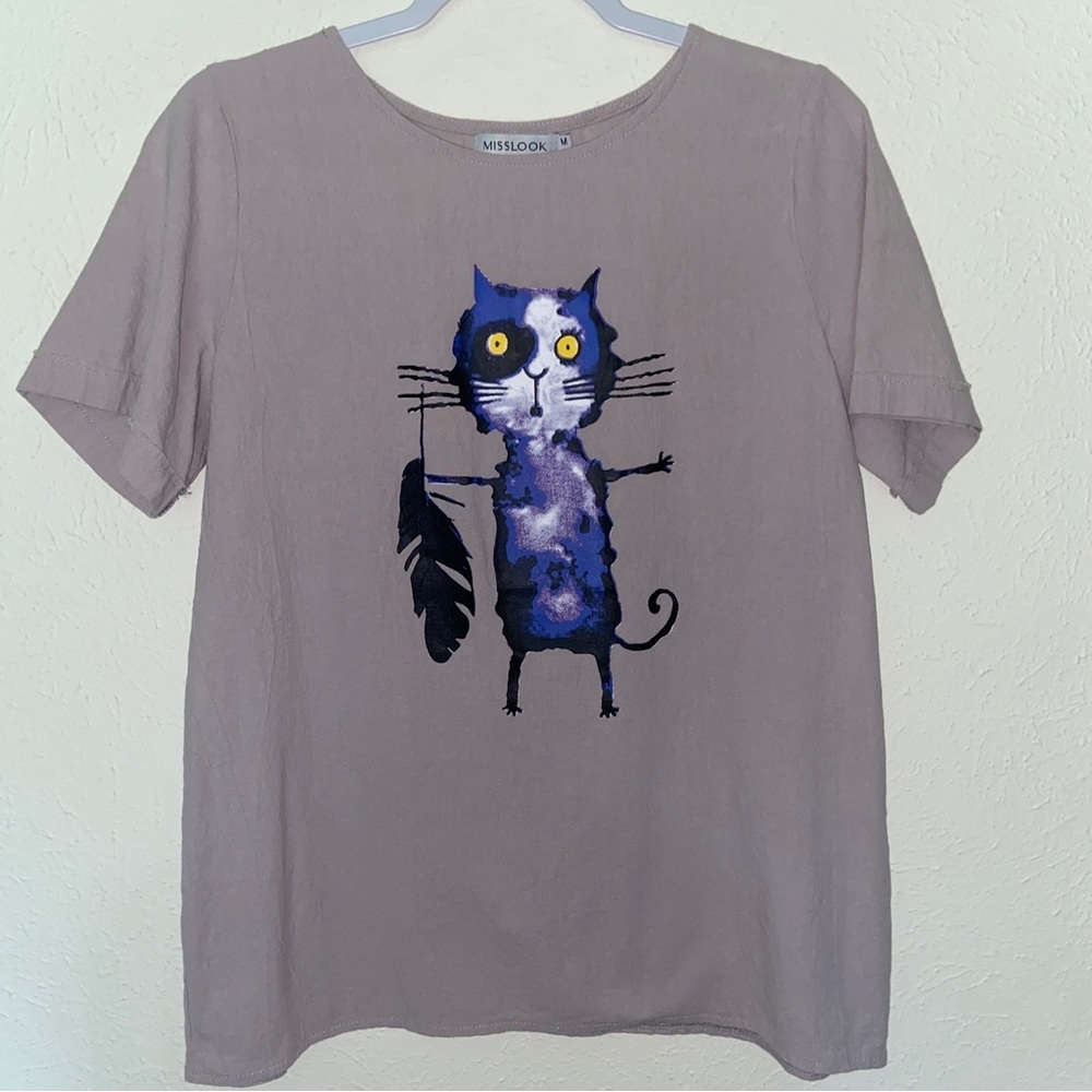 MISSLOOK Blue Cat Gray Short Sleeve Textured Top